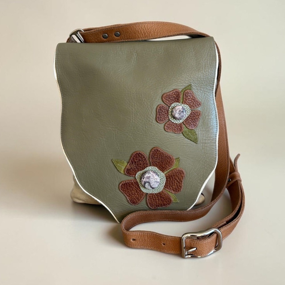Artisan Handmade Leather Floral Crossbody Bag Olive Green Boho Messenger Stone